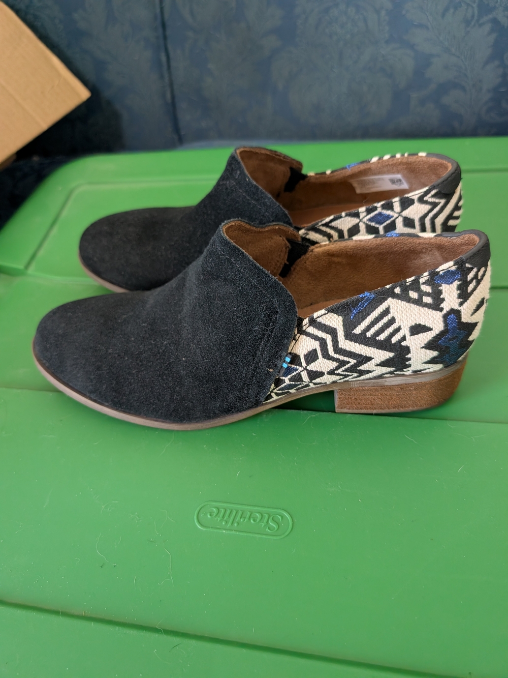 Black Suede Toms Slip-On Women's Shoes with Aztec Pattern